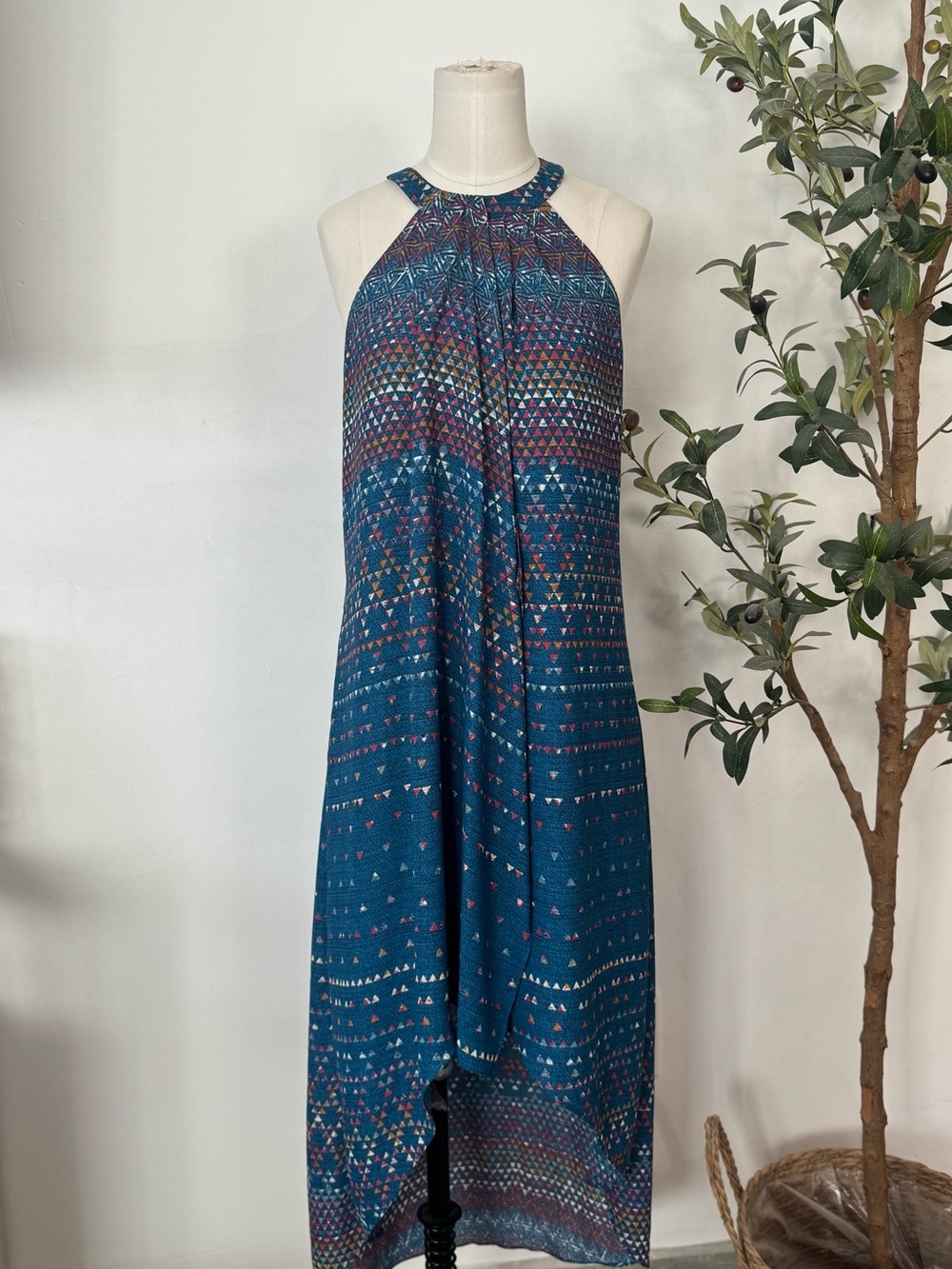 BCBGMAXAZRIA Teal Geometric Halter Maxi Dress Boho Sleeveless XS